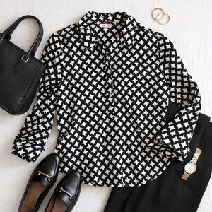Merona Black & White Geometric Print Button Front Blouse XXL